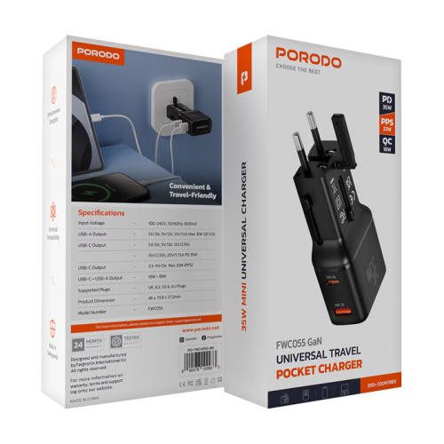 Сзу porodo pd-fwch055-bk type-c/usb (pd35w/18w) черное