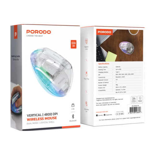Мышь porodo pd-etk01-tp (500mah) беспроводная bt5.1 прозрачная