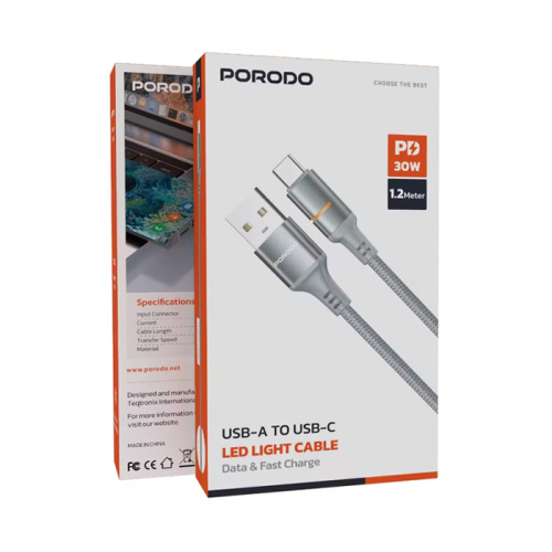 Кабель usb porodo (pdcbl0027gyc) type-c (30w) серый