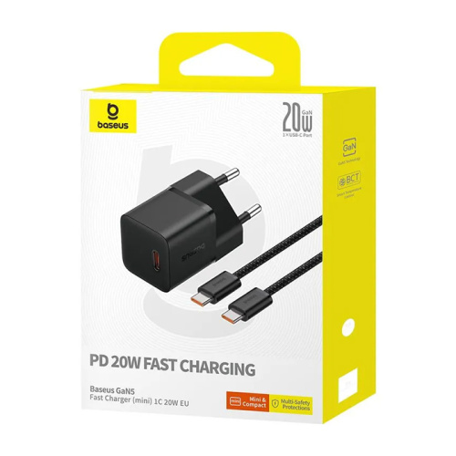 Baseus gan5 fast charger(mini) 1c 20w eu cluster black (with:baseus dynamic 3 series fast charging data cable type-c to type-c 100w 1m cluster black)