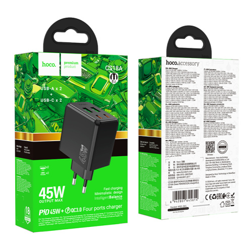 Сзу hoco cs18a usb2/c2 (45w) черное
