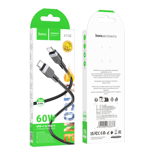Кабель type-c hoco x109 type-c 3m (60w) черный