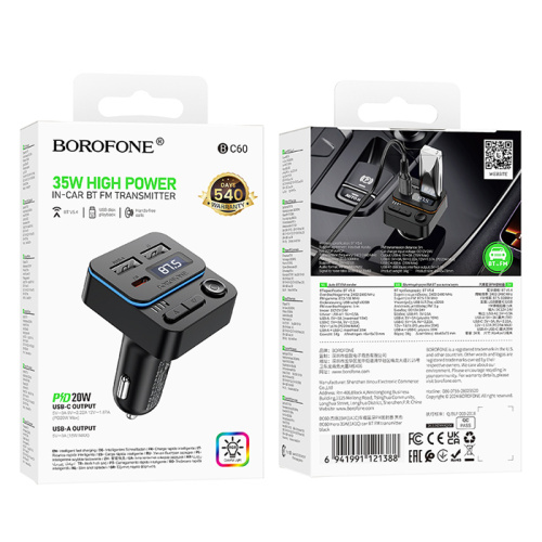 Fm модулятор borofone bc60 (2usb/type-c pd20w) черный