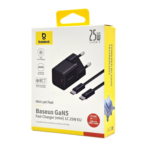 Сзу baseus gan5 mini (25w; 1c; черный; кабель c-c (ccgan25es-m)