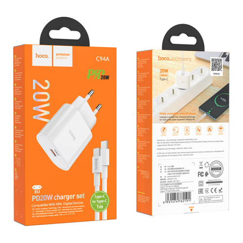 Сзу hoco c94a type-c to type-c (pd20w) белое