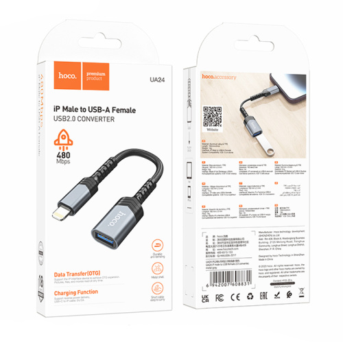 Переходник otg hoco ua24 lightning/usb2.0 серый