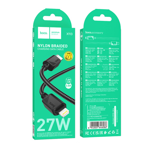 Кабель type-c hoco x113 lightning (3.0a) 1m черный