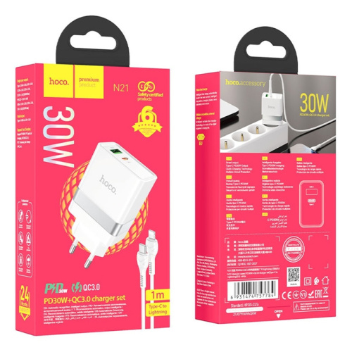 Сзу hoco n21 type-c to lightning (usb/qc3.0/pd30w) белый