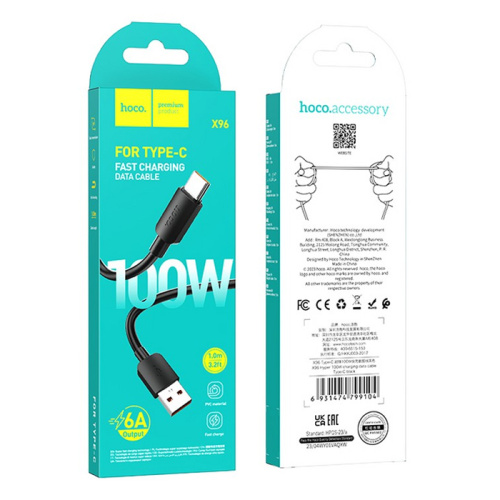 Кабель usb hoco x96 type-c (100w/6a/1м) черный