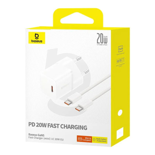 Baseus gan5 fast charger (mini) 1c 20w eu moon white (with: baseus dynamic 3 series fast charging data cable type-c to type-c 100w 1m moon white)