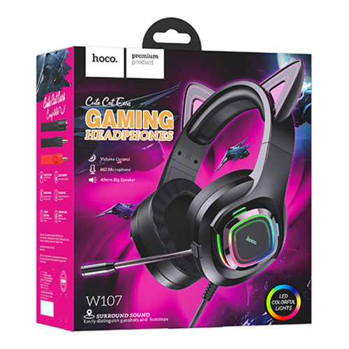 Игровые наушники hoco w107 с микрофоном черно-розовые