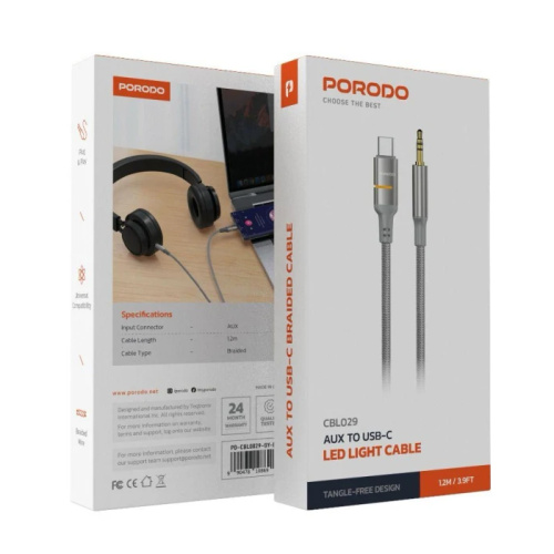 Кабель aux porodo (cbl029) type-c на 3.5mm (1.2m) серый
