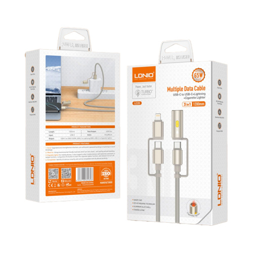 Кабель ldnio lc20 (3в1)type-c на lightning (65w) 1.2m золотистый