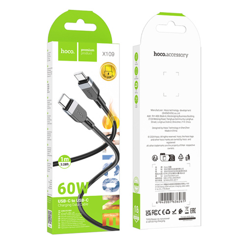 Кабель type-c hoco x109 type-c 1m (60w) черный