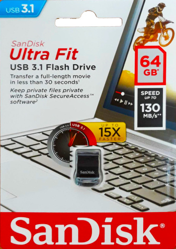 64gb (3.1) usb sandisk cz430 ultra fit (130mb/s) черный