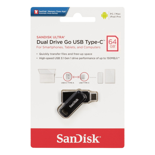64gb (3.1) usb/c sandisk dual drive go (150mb/s) черный