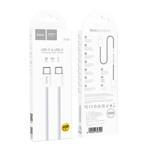 Кабель type-c hoco x105 type-c (60w) белый