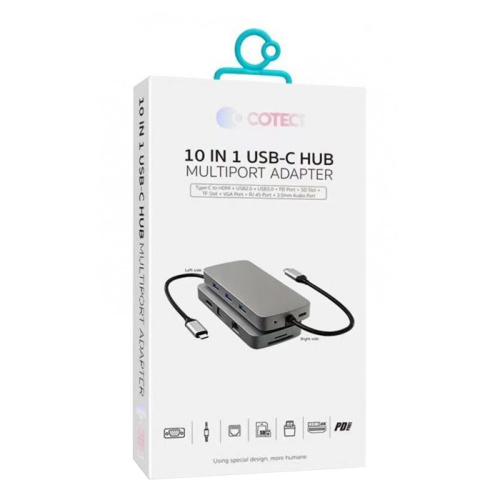 Хаб 10в1 usb-c/hdmi/vga/rj45/pd/sd/tf coteci 16012 серый