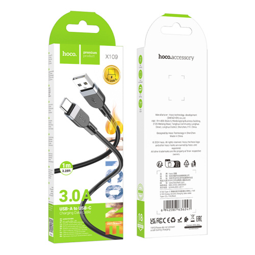 Кабель usb hoco x109 type-c 1m (3.0a) черный