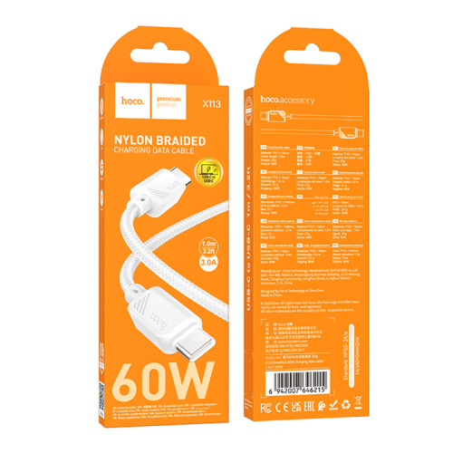 Кабель type-c hoco x113 type-c 1m (60w) белый