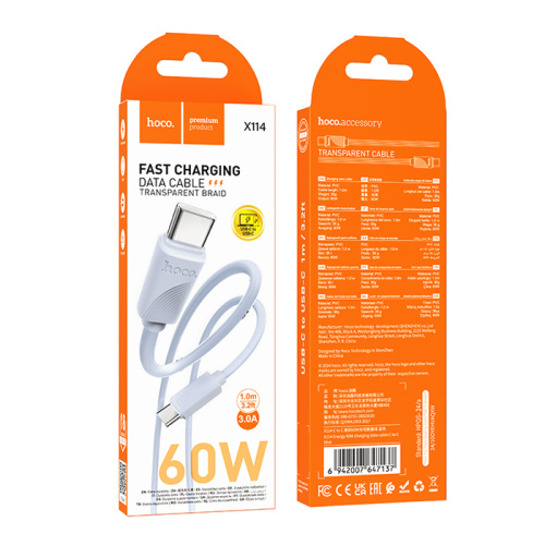 Кабель type-c hoco x114 type-c 1m (60w) синий