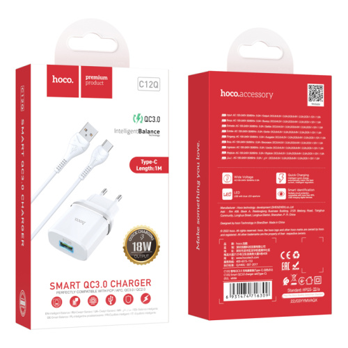 Сзу hoco c12q type-c (usb/18w) белый
