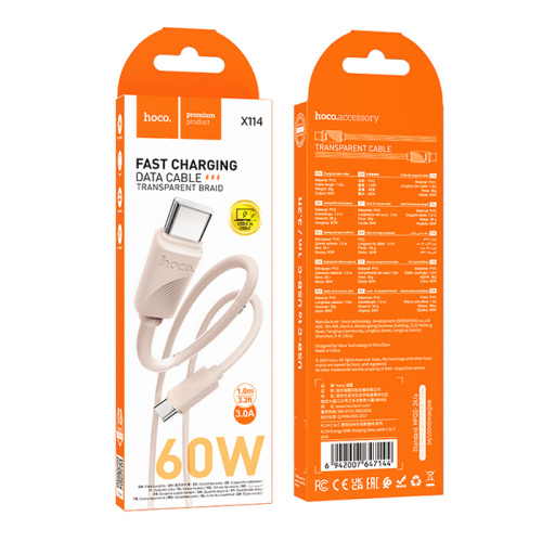 Кабель type-c hoco x114 type-c 1m (60w) розовый