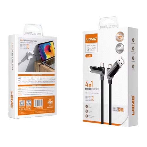 Кабель ldnio lc25 (4в1) usb/type-c/lightning (100w) 1.2m черный