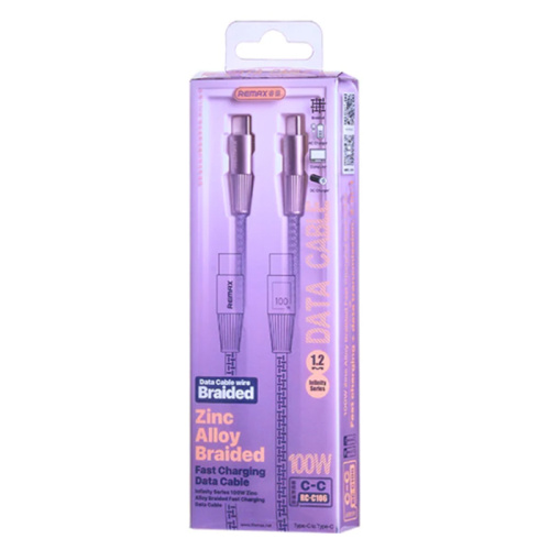 Remax infinity series 100w zinc alloy braided fast charging data cable rc-c106 (t.c to t.c) silver- gray