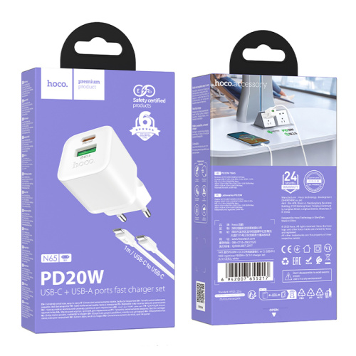 Сзу hoco n65 type-c to type-c (usb-c/usb-a/pd20w) белое