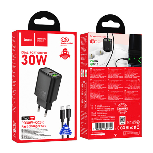 Сзу hoco n63 type-c/type-c (pd30w+qc3.0) черное