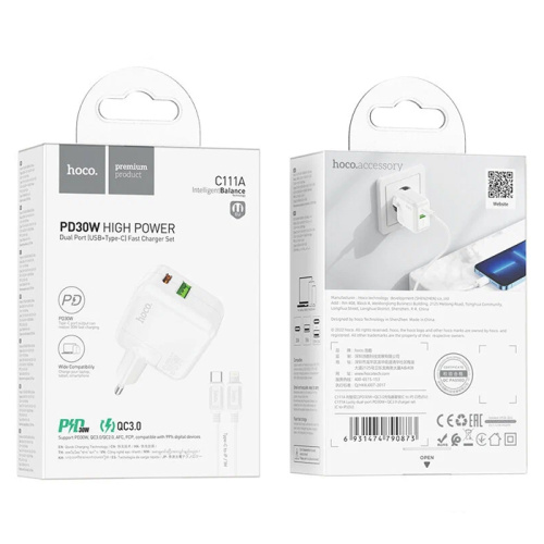 Сзу hoco c111a type-c на lightning (usb qc3.0/pd 30w) белое