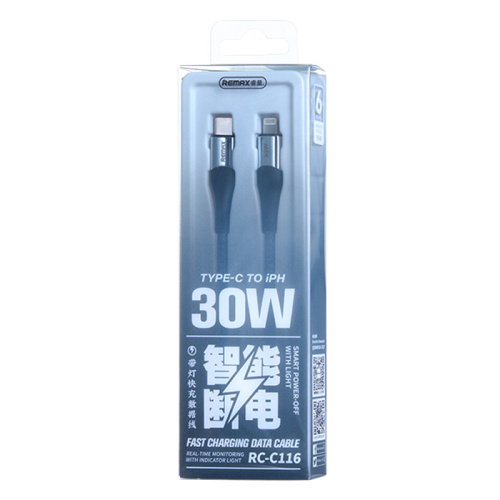 Remax intelyelec series 30w smart power-off fast charging data cable with light rc-c116 (t.c to ip) 1.2m silver/gray
