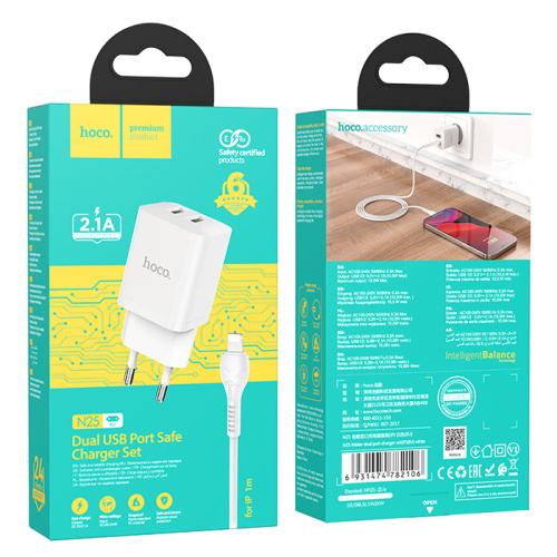 Сзу hoco n25 lightning (2usb/2.1a) белое