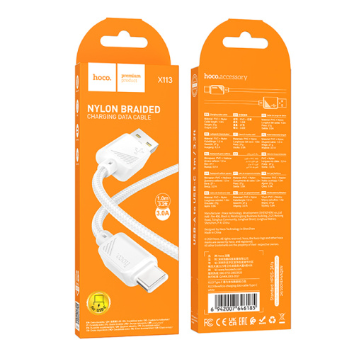 Кабель usb hoco x113 type-c белый