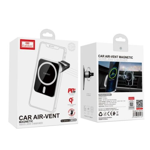 Автодержатель earldom et-wc14 магнитный с беспроводной зарядкой 15w на решетку черный