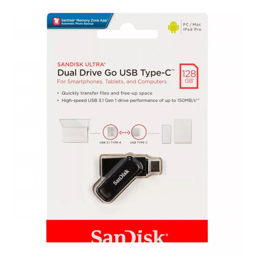 128gb (3.1) usb/c sandisk dual drive go (150mb/s) серая