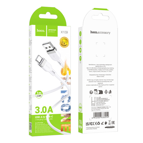 Кабель usb hoco x109 type-c 1m (3.0a) белый