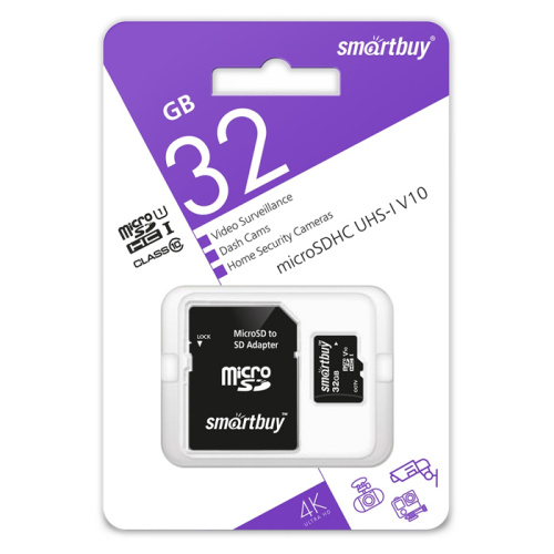Micro sd 32gb smartbuy class 10 uhs-i v10 для видеонаблюдения + sd адаптер
