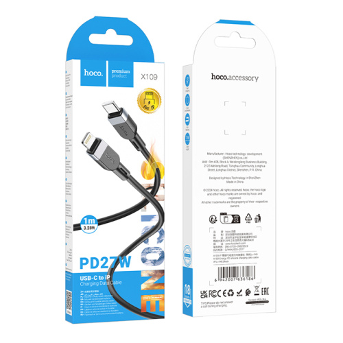 Кабель type-c hoco x109 lightning 1m (27w) черный