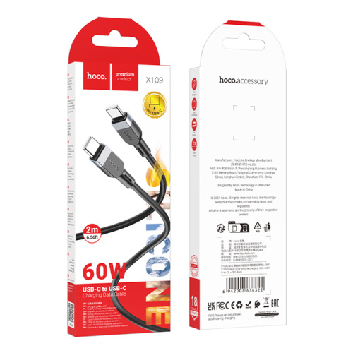Кабель type-c hoco x109 type-c 2m (60w) черный