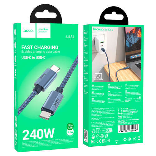 Кабель type-c hoco u134 type-c (240w) 1.8м синий 