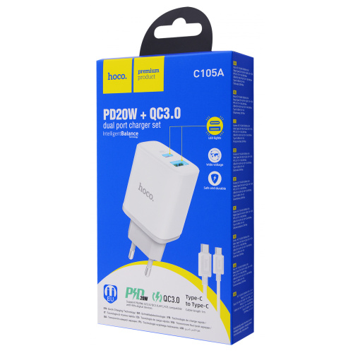 Сзу hoco c105a type-c на type-c (usb/pd20w) белое
