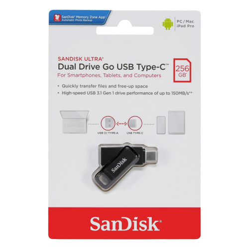 256gb (3.1) usb/c sandisk dual drive go (150mb/s) черный