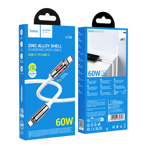 Кабель type-c hoco u136 type-c (60w) белый