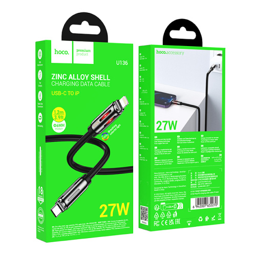 Кабель type-c hoco u136 lightning (27w) черный