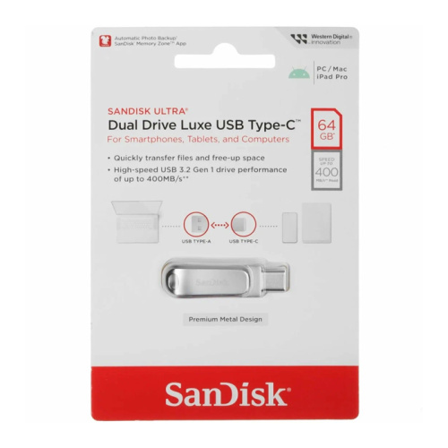 64gb (3.2) usb sandisk dual drive luxe (400mb/s) серебристый