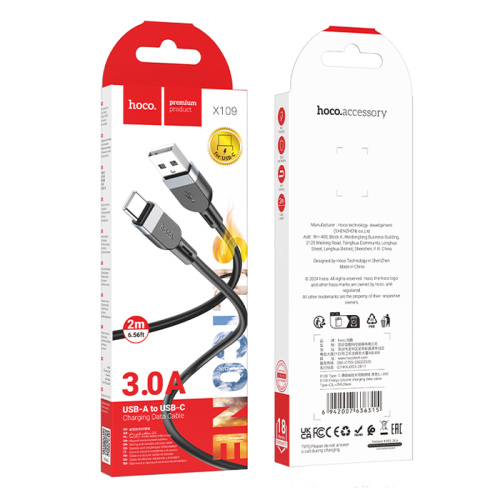 Кабель usb hoco x109 type-c 2m (3.0a) черный 