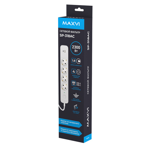 Сетевой фильтр maxvi sp-318ac 2300вт (4 розеток/usb/type-c) 1.8м белый
