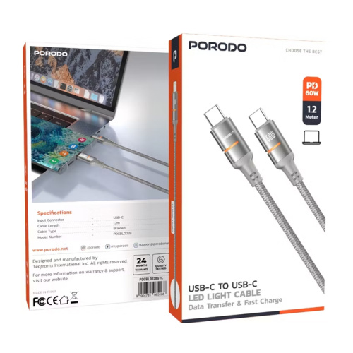 Кабель type-c porodo (pdcbl0028gyc) c/c (60w) серый